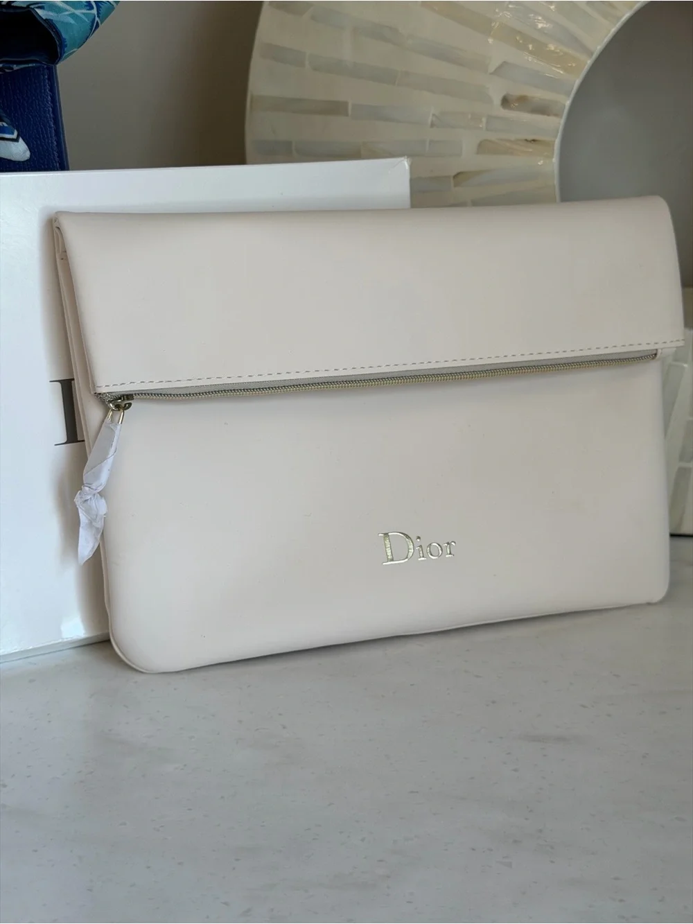 NIB Dior Parfum GWP Cream Fold-Over Clutch Pouch with Gold Logo